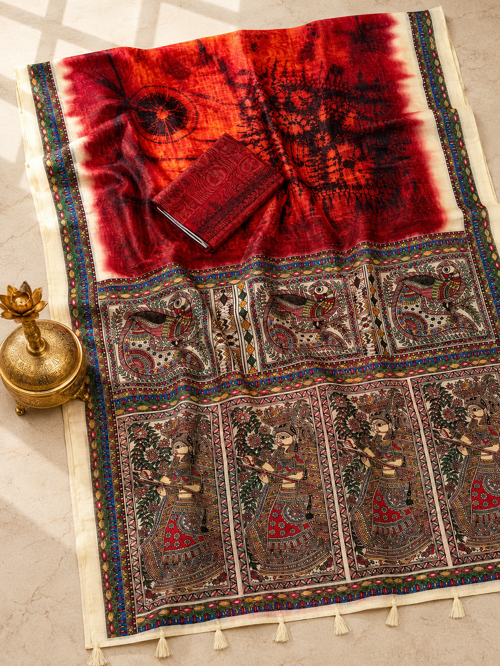 Matsya Soft Chanderi Cotton Saree – Red Shibori Madhubani Digital Print