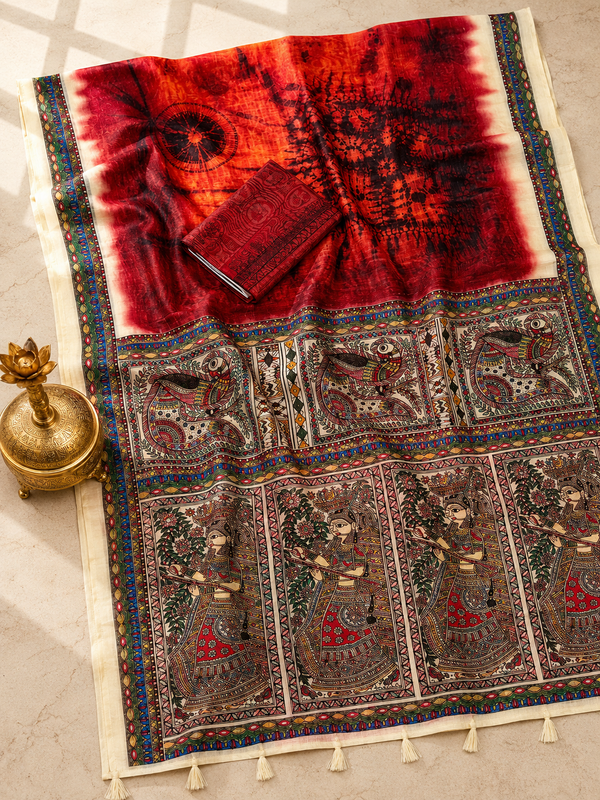 Matsya Soft Chanderi Cotton Saree – Red Shibori Madhubani Digital Print