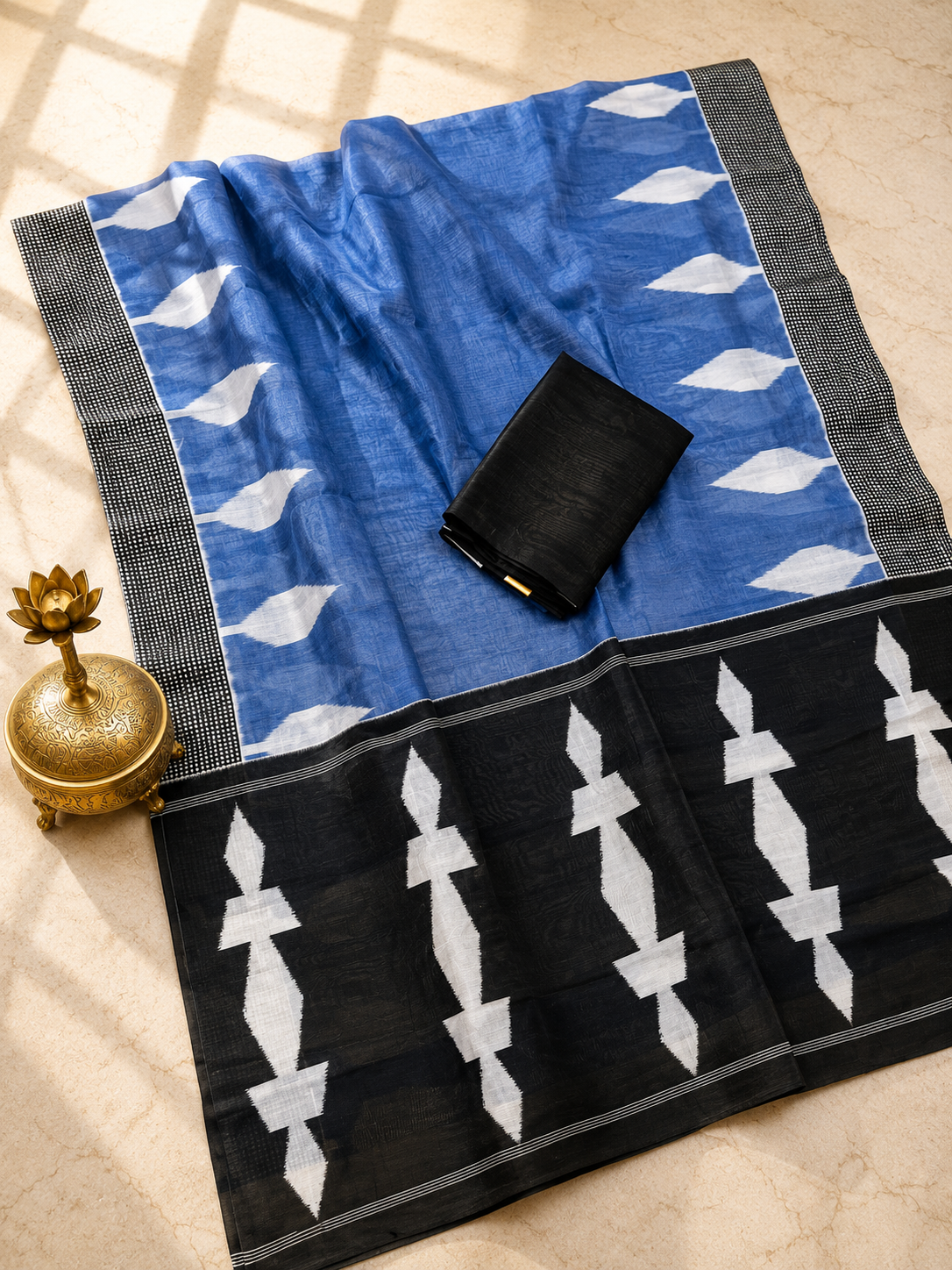 Neelika Soft Chanderi Cotton Saree – Blue Black Ikkat Digital Print