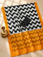 Neelika Soft Chanderi Cotton Saree – Black Mustard Ikkat Chevron Digital Print