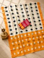 Neelika Soft Chanderi Cotton Saree – Cream Mustard Ikkat Dot Digital Print