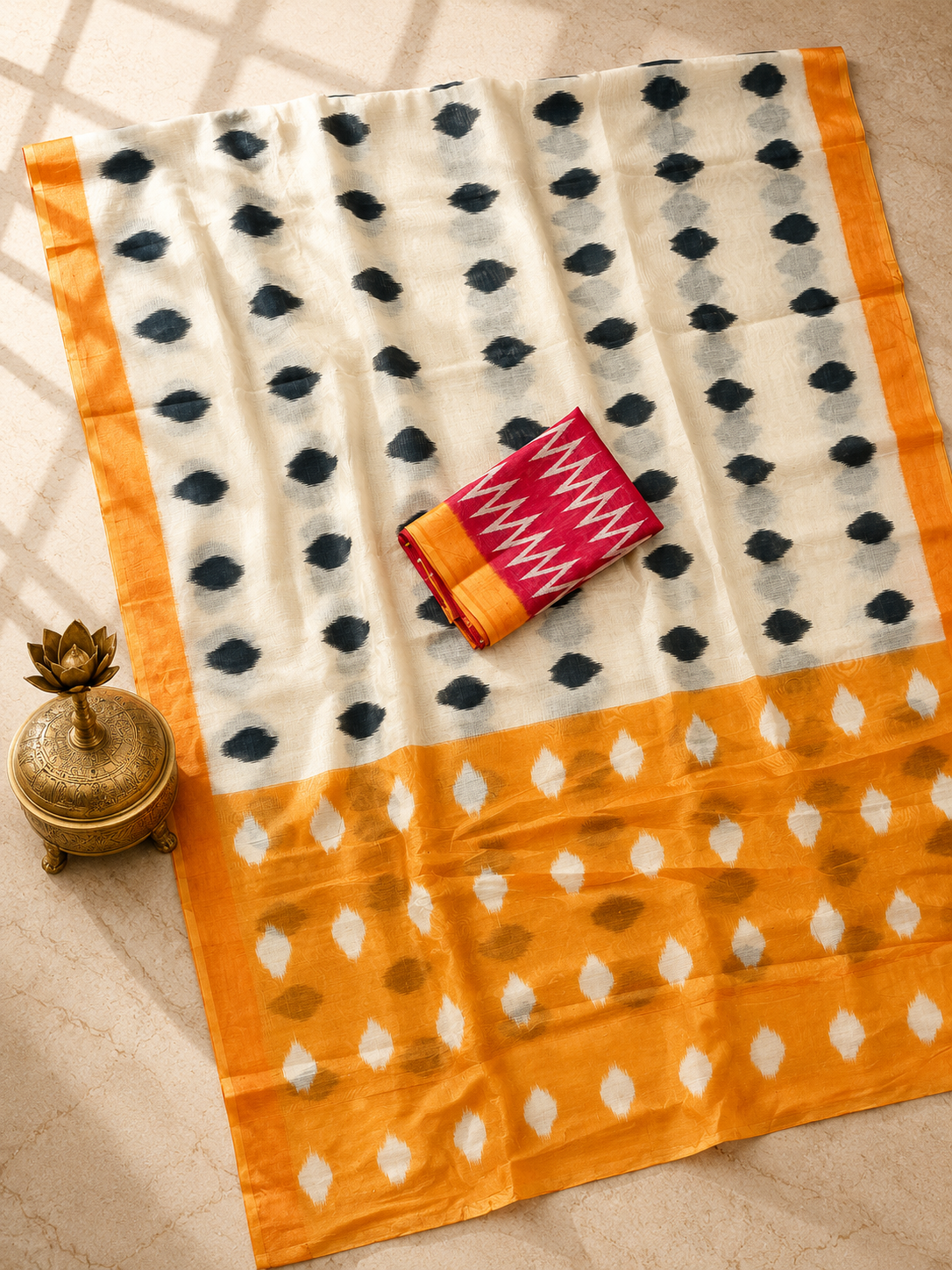 Neelika Soft Chanderi Cotton Saree – Cream Mustard Ikkat Dot Digital Print