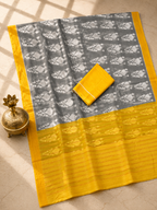 Neelika Soft Chanderi Cotton Saree – Grey Mustard Ikkat Floral Digital Print