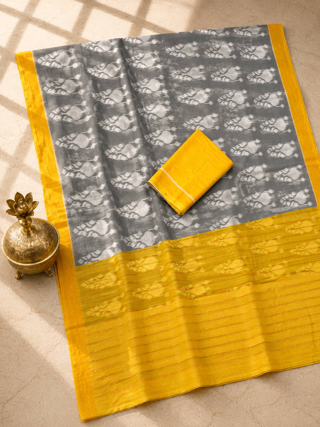 Neelika Soft Chanderi Cotton Saree – Grey Mustard Ikkat Floral Digital Print
