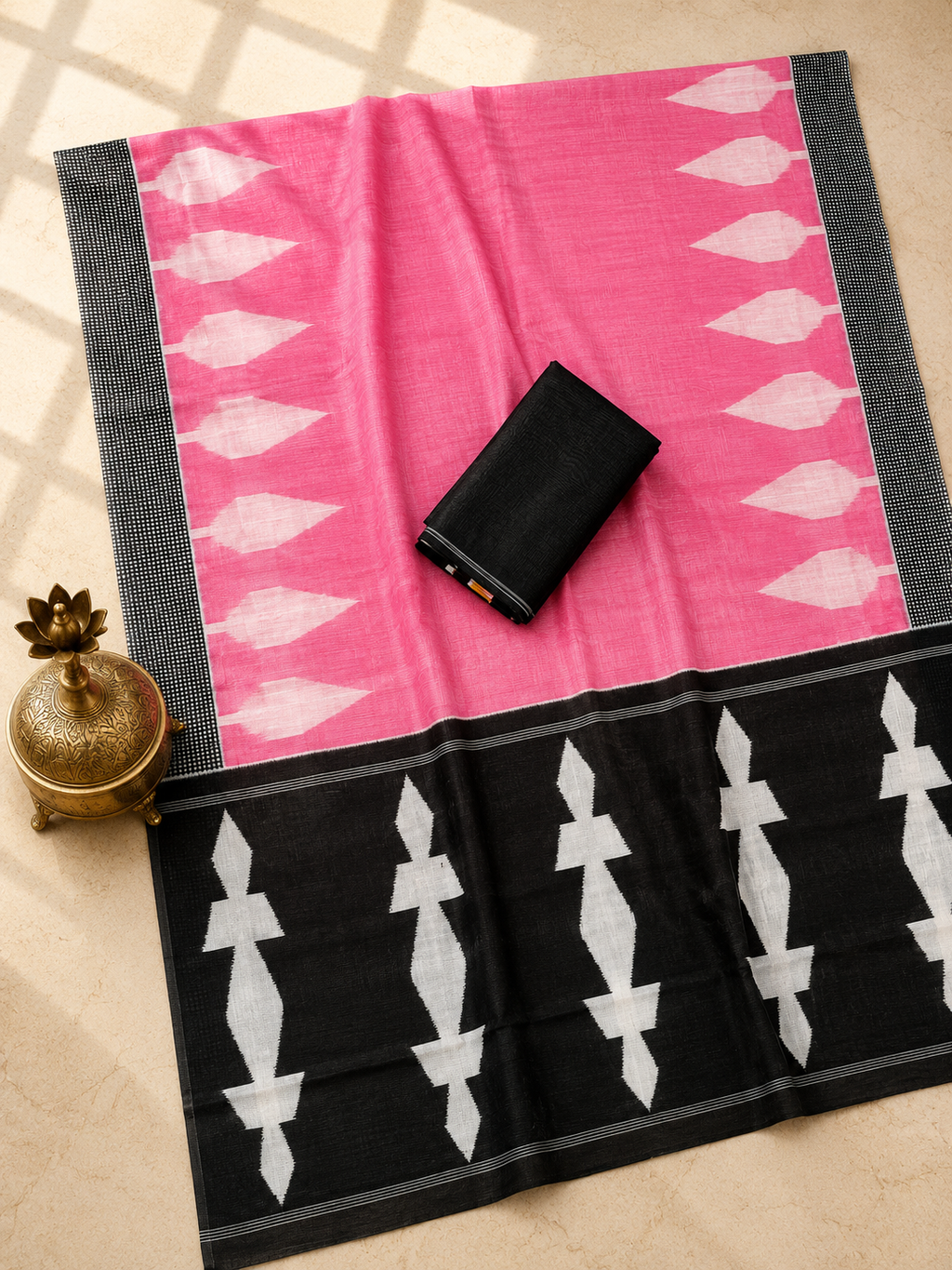 Neelika Soft Chanderi Cotton Saree – Pink Black Ikkat Digital Print