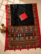 Vaidehi Soft Chanderi Cotton Saree – Black Red Traditional Tribal Digital Print