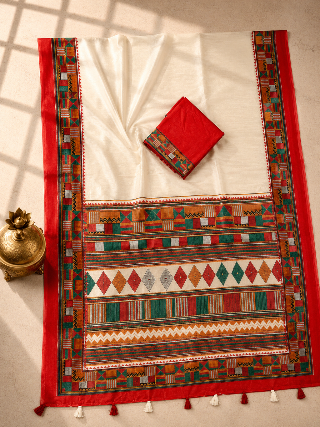 Vaidehi Soft Chanderi Cotton Saree – White Red Traditional Tribal Digital Print