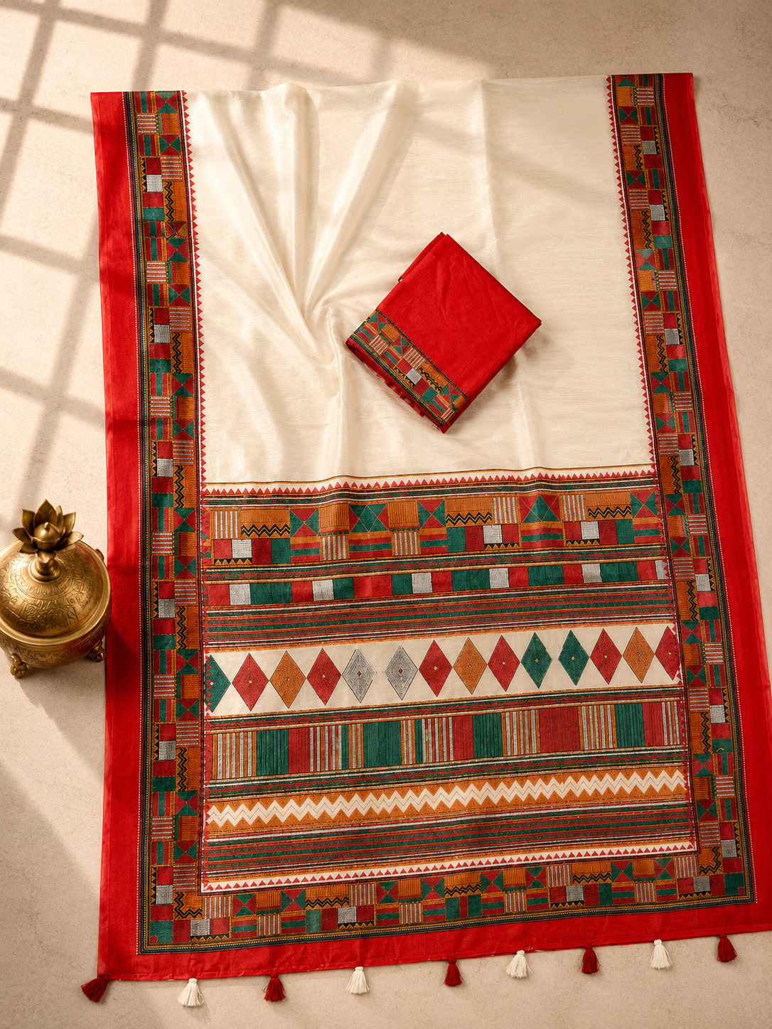 Vaidehi Soft Chanderi Cotton Saree – White Red Traditional Tribal Digital Print
