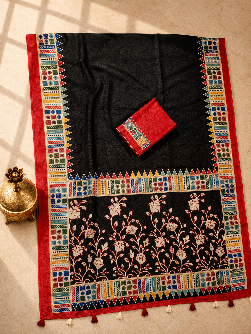 Vaidehi Soft Chanderi Cotton Saree – Black Red Floral Traditional Digital Print
