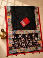 Vaidehi Soft Chanderi Cotton Saree – Black Red Floral Traditional Digital Print