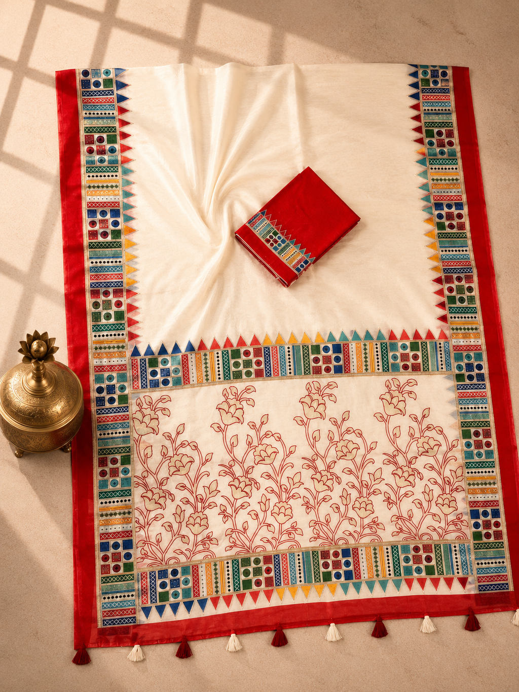 Vaidehi Soft Chanderi Cotton Saree – White Red Floral Traditional Digital Print