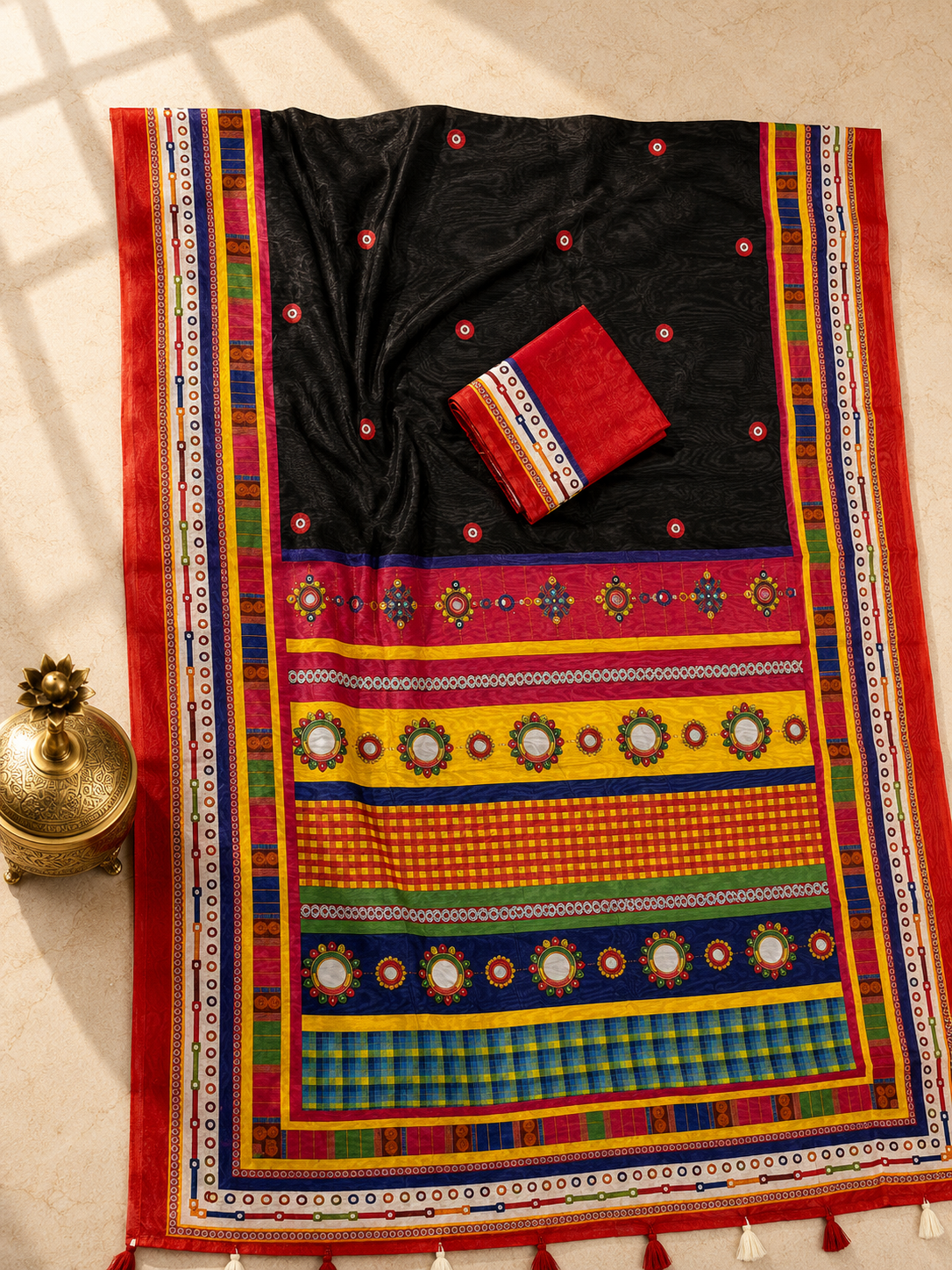 Vaidehi Soft Chanderi Cotton Saree – Black Red Traditional Folk Digital Print