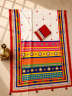 Vaidehi Soft Chanderi Cotton Saree – White Red Traditional Folk Digital Print