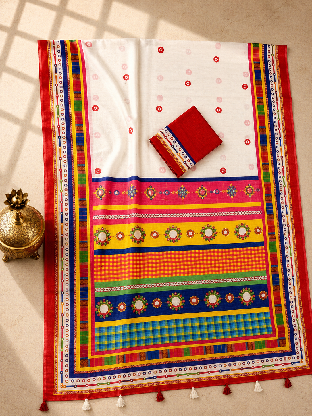 Vaidehi Soft Chanderi Cotton Saree – White Red Traditional Folk Digital Print