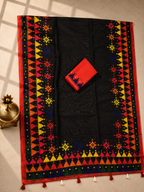 Vaidehi Soft Chanderi Cotton Saree – Black Multicolor Tribal Geometric Digital Print