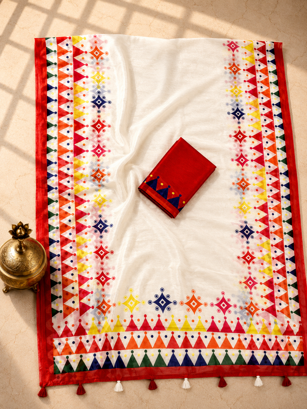 Vaidehi Soft Chanderi Cotton Saree – White Multicolor Tribal Geometric Digital Print