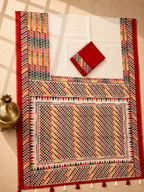 Vaidehi Soft Chanderi Cotton Saree – White Multicolor Tribal Geometric Digital Print