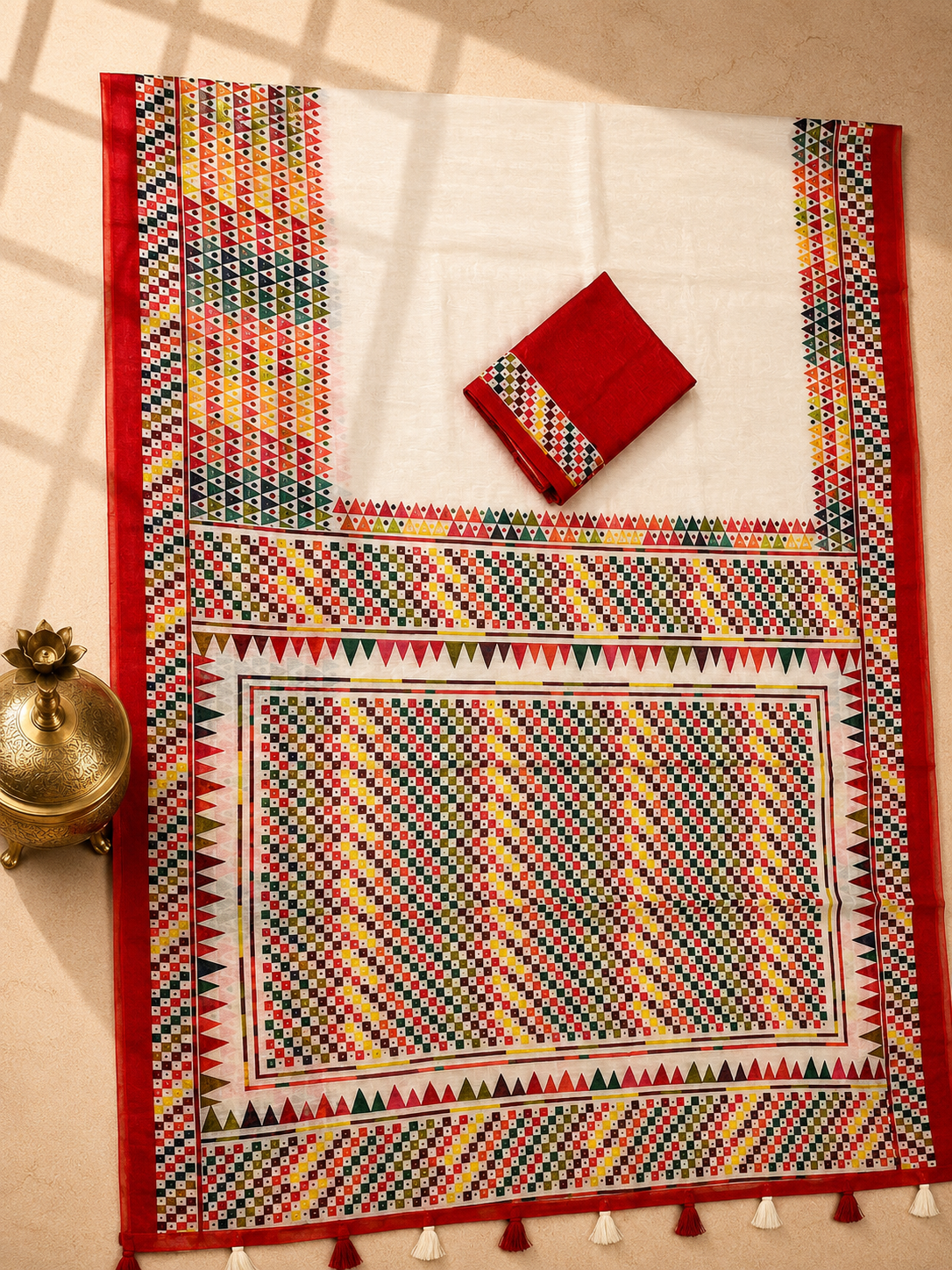 Vaidehi Soft Chanderi Cotton Saree – White Multicolor Tribal Geometric Digital Print