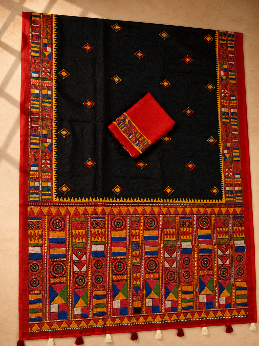 Vaidehi Soft Chanderi Cotton Saree – Black Red Tribal Heritage Digital Print