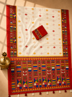 Vaidehi Soft Chanderi Cotton Saree – White Red Tribal Heritage Digital Print