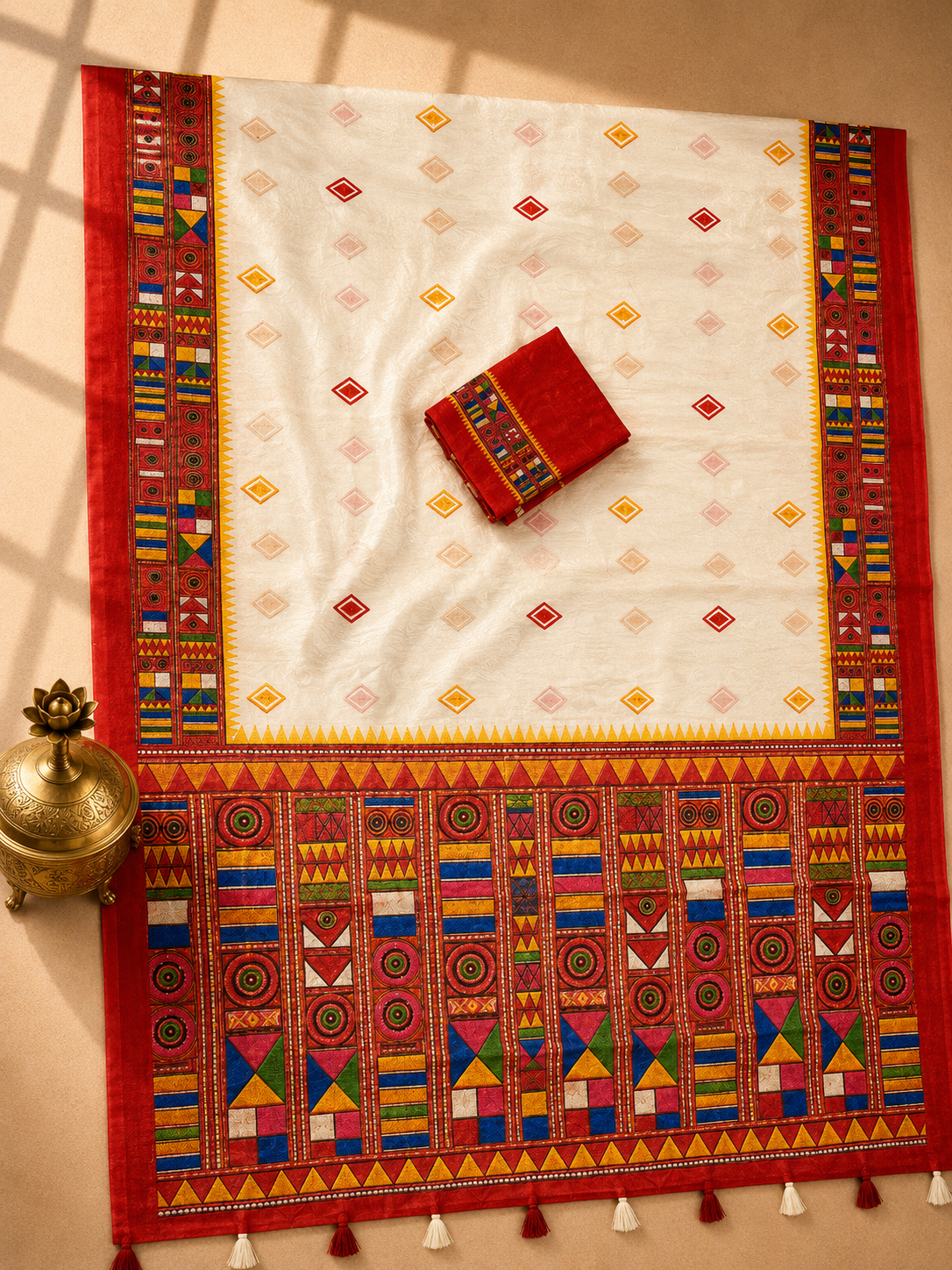 Vaidehi Soft Chanderi Cotton Saree – White Red Tribal Heritage Digital Print