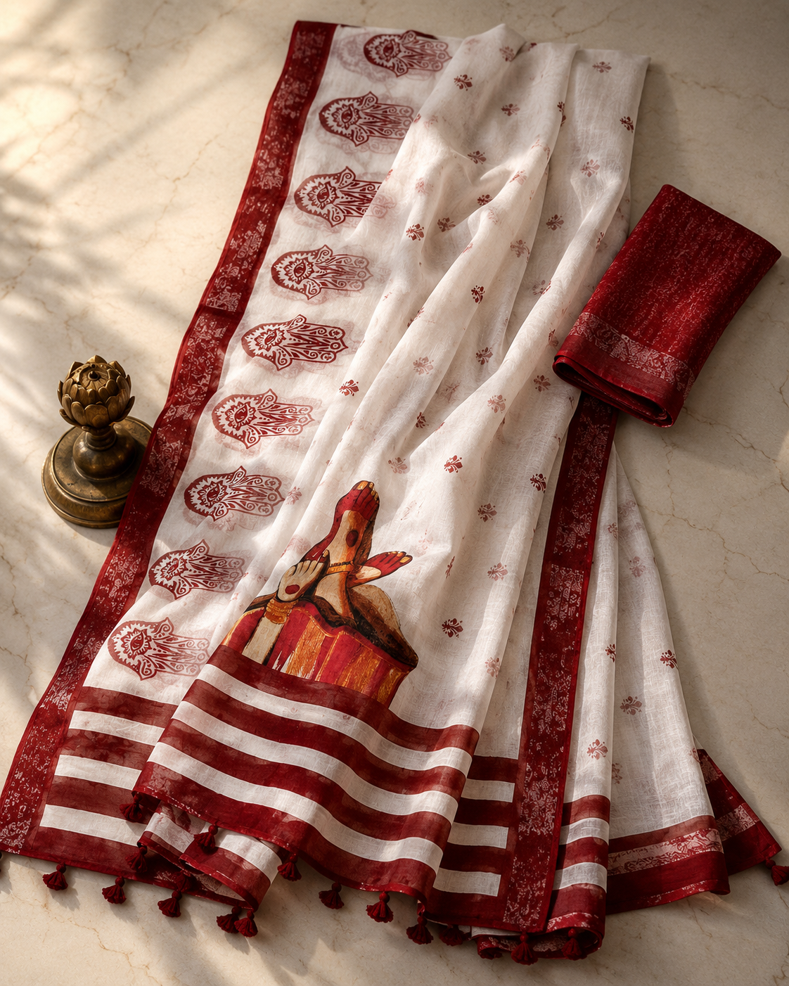 Gowrika Linen Cotton Saree – White Red Divine Digital Print