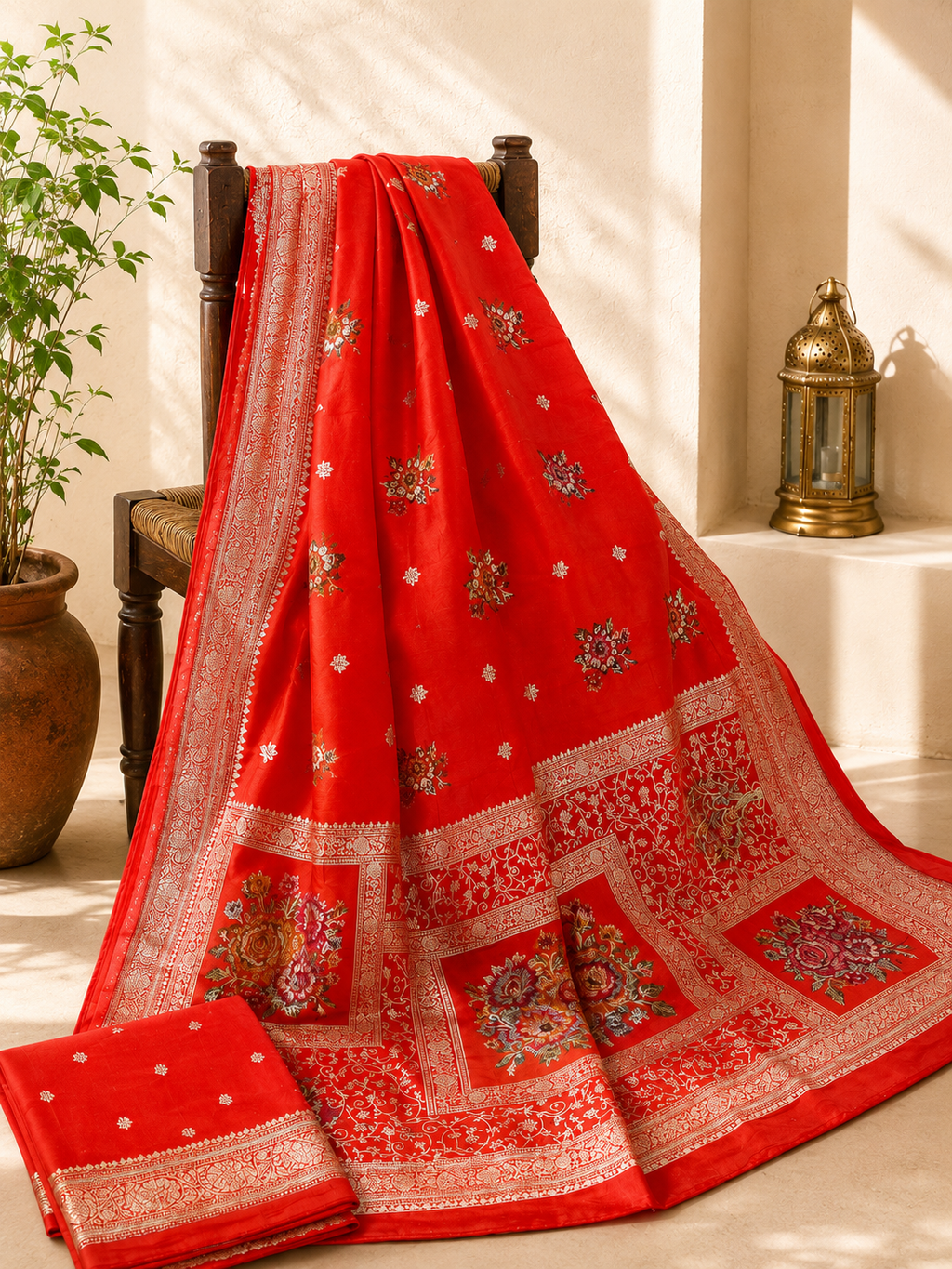 Eshanya Muslin Viscose Saree – Orange Floral Zari & Meenakari Weave