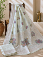 Eshanya Muslin Viscose Saree – Ivory Floral Zari & Meenakari Weave