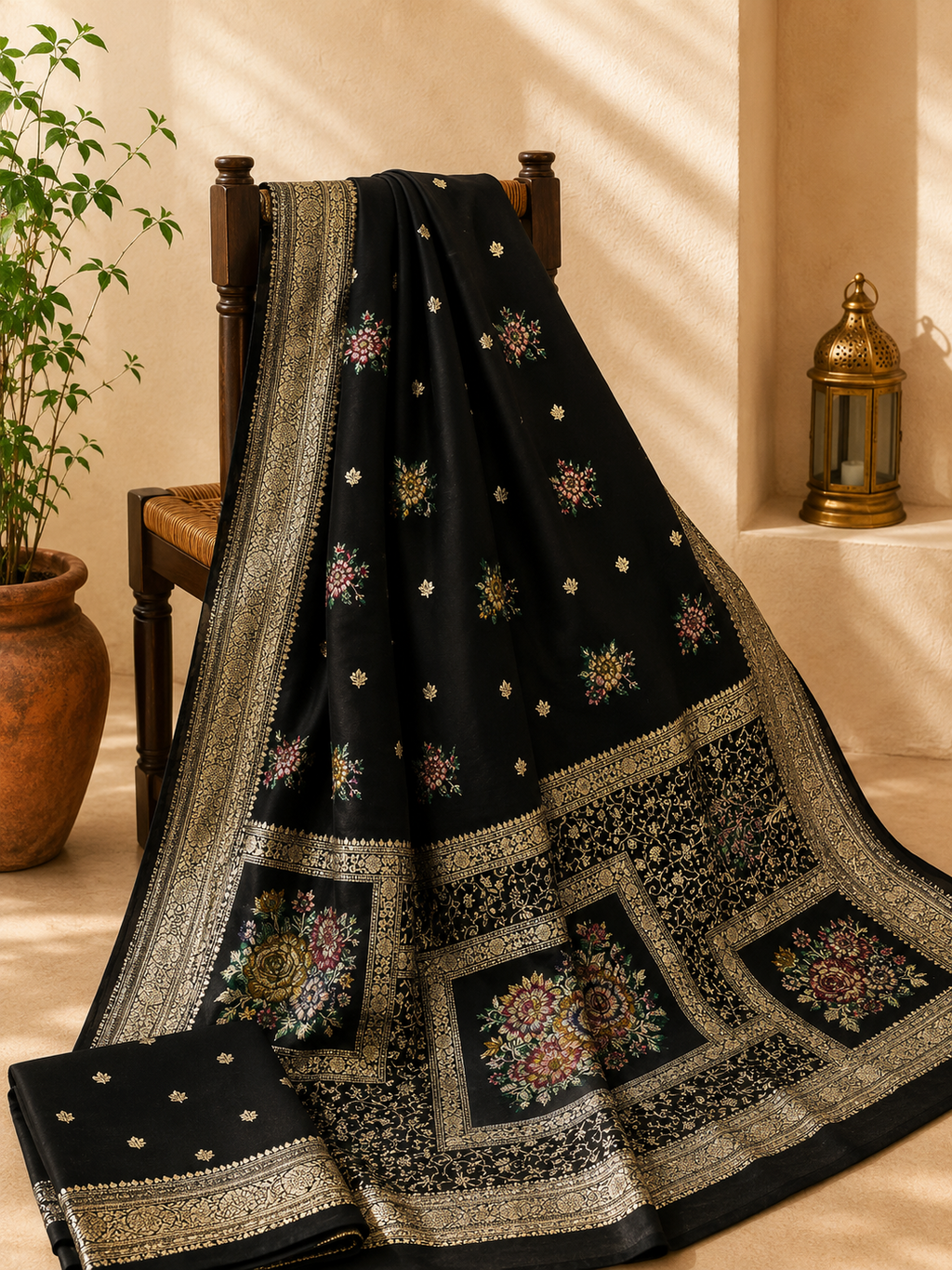 Eshanya Muslin Viscose Saree – Black Floral Zari & Meenakari Weave