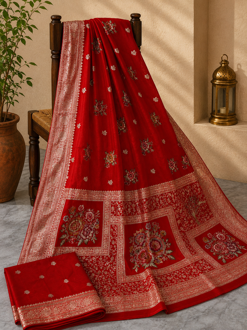 Eshanya Muslin Viscose Saree – Red Floral Zari & Meenakari Weave