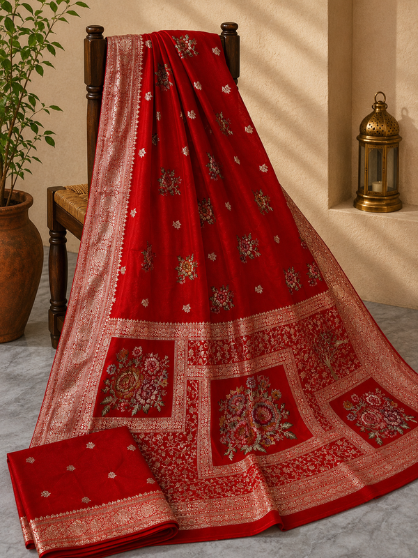 Eshanya Muslin Viscose Saree – Red Floral Zari & Meenakari Weave