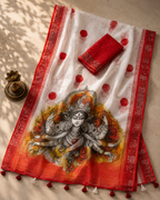 Gowrika Linen Cotton Saree – White Red Maa Durga Divine Digital Print