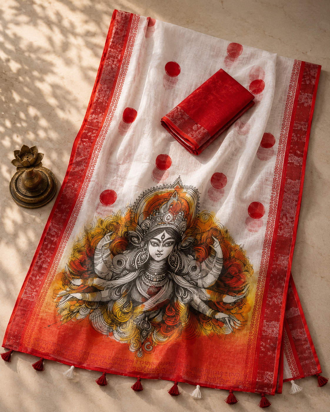 Gowrika Linen Cotton Saree – White Red Maa Durga Divine Digital Print
