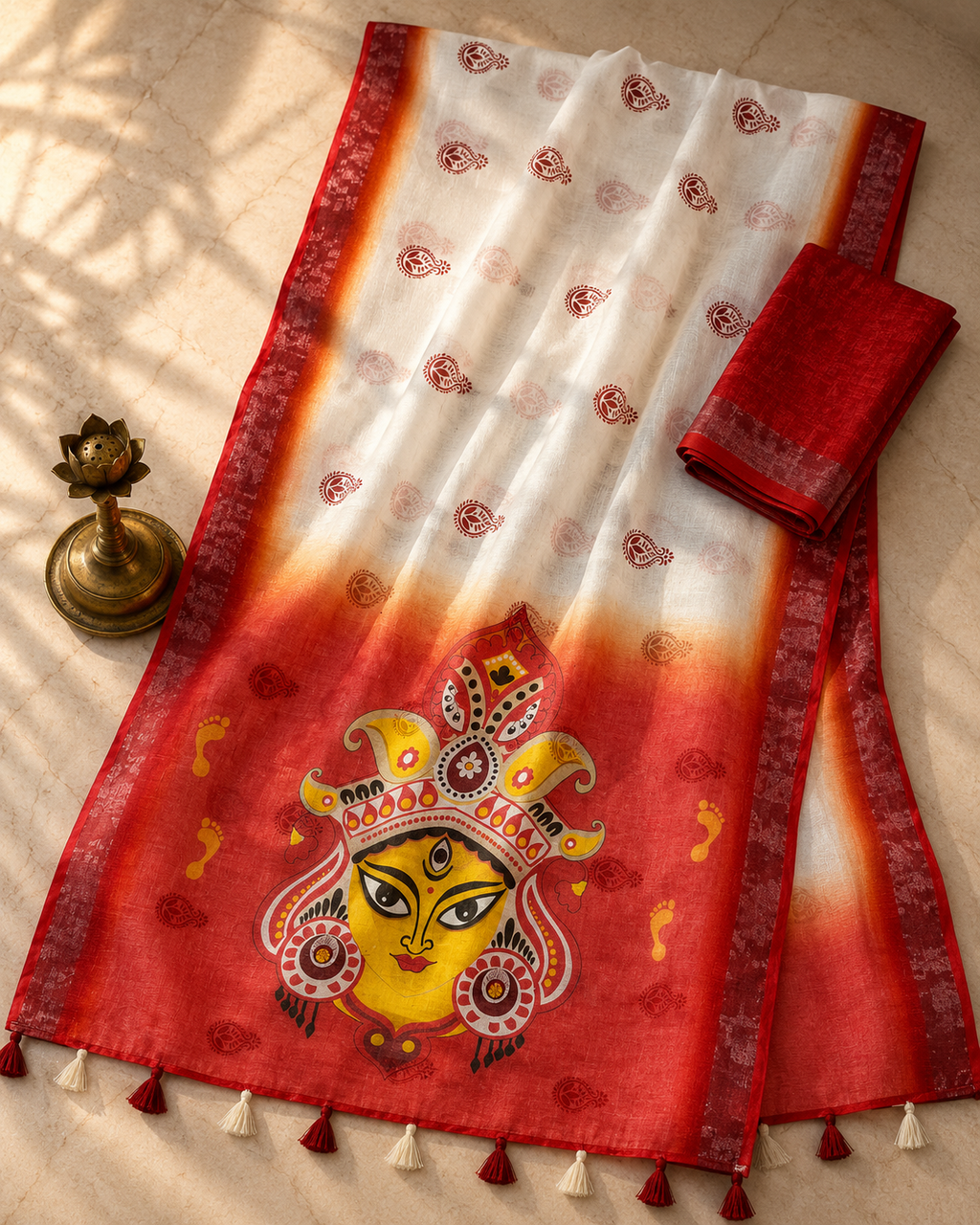 Gowrika Linen Cotton Saree – White Red Maa Durgaa Divine Digital Print