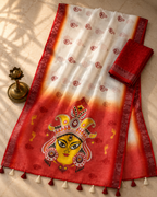 Gowrika Linen Cotton Saree – White Red Maa Durgaa Divine Digital Print