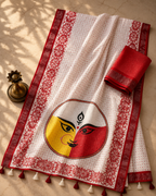 Gowrika Linen Cotton Saree – White Red Durga Face Divine Digital Print