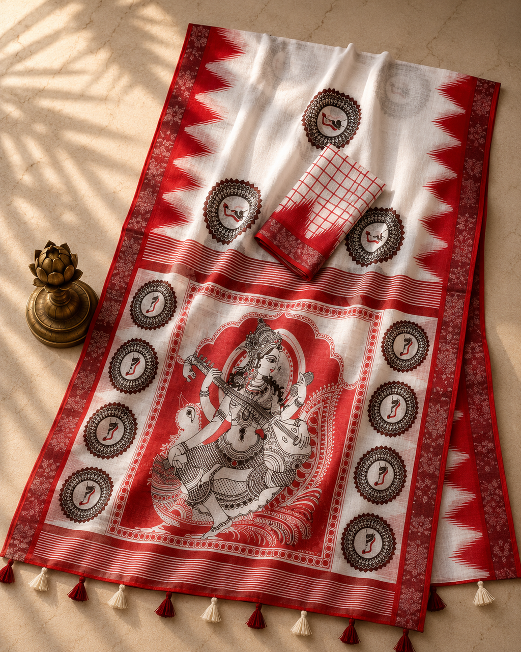 Gowrika Linen Cotton Saree – White Red Saraswati Divine Digital Print