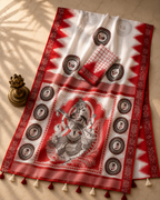 Gowrika Linen Cotton Saree – White Red Saraswati Divine Digital Print