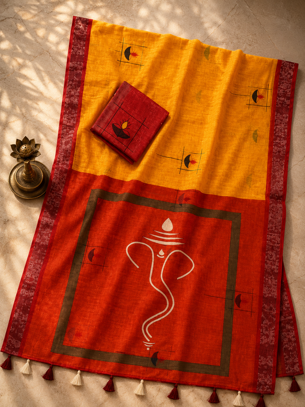 Gowrika Linen Cotton Saree – Saffron Orange Ganesha Divine Digital Print