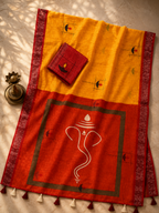Gowrika Linen Cotton Saree – Saffron Orange Ganesha Divine Digital Print