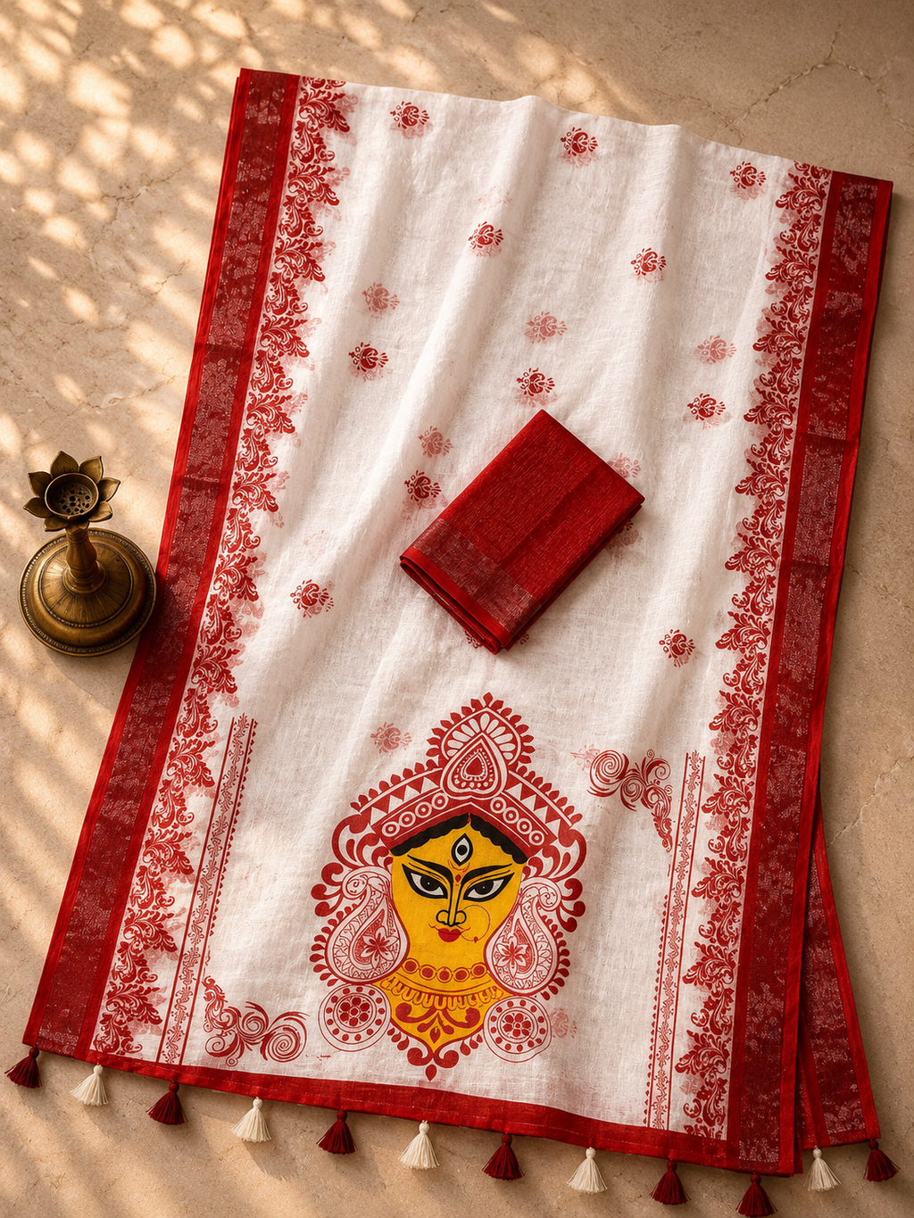 Gowrika Linen Cotton Saree – White Red Durga Divine Digital Prints
