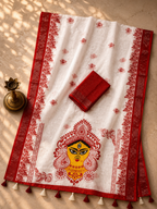 Gowrika Linen Cotton Saree – White Red Durga Divine Digital Prints
