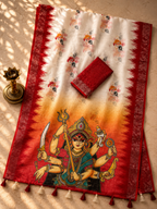 Gowrika Linen Cotton Saree – White Red Maa Durga Eyes Divine Digital Print