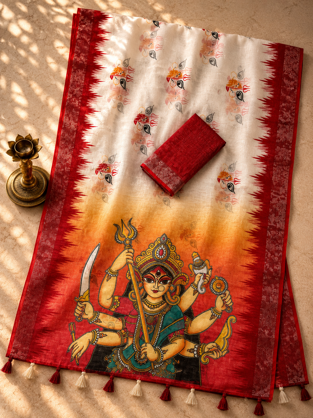 Gowrika Linen Cotton Saree – White Red Maa Durga Eyes Divine Digital Print