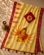 Gowrika Linen Cotton Saree – Light Yellow Red Maa Durga Divine Digital Print