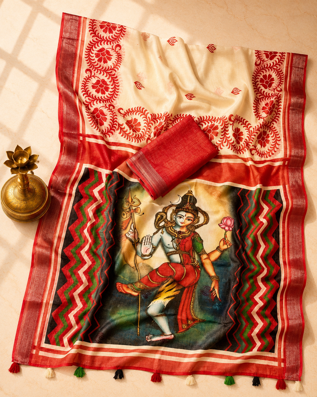 Gowrika Linen Cotton Saree – Cream Red Shiv Parvati Divine Digital Print