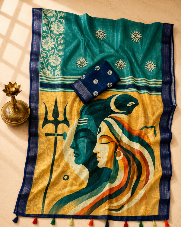 Gowrika Linen Cotton Saree – Teal Blue Shiv Parvati Divine Digital Print