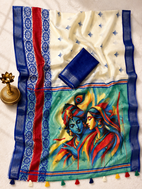 Gowrika Linen Cotton Saree – Cream Blue Radha Krishna Divine Digital Print
