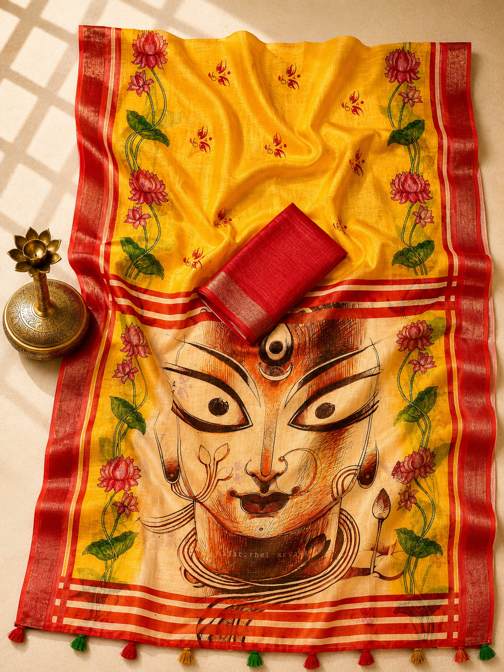 Gowrika Linen Cotton Saree – Red Yellow Maa Durga Divine Eyes Digital Print