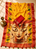 Gowrika Linen Cotton Saree – Red Yellow Maa Durga Divine Eyes Digital Print